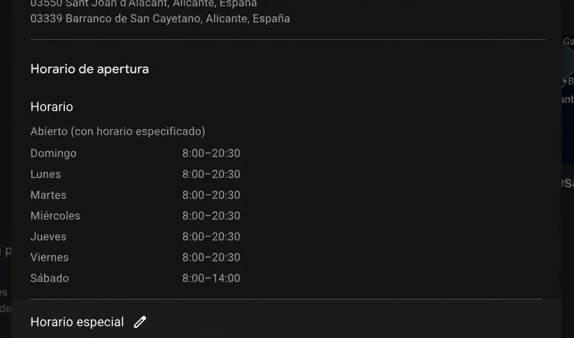 Editor real de un Perfil de Empresa mostrando el horario semanal y el acceso al horario especial