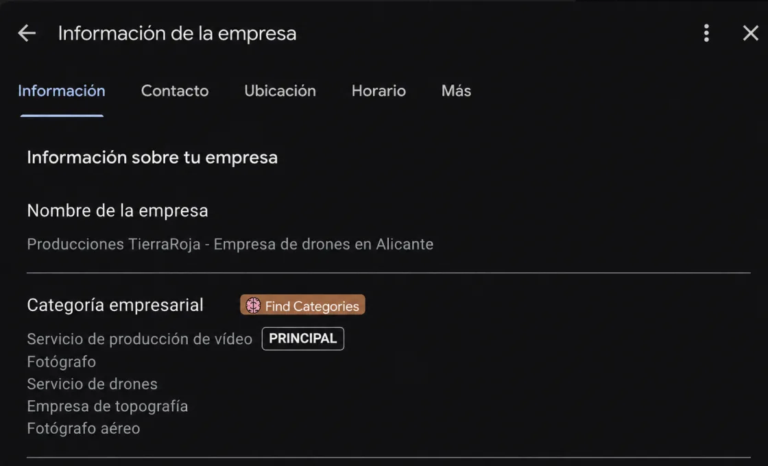Editor real de un Perfil de Empresa mostrando el nombre y las categorías empresariales
