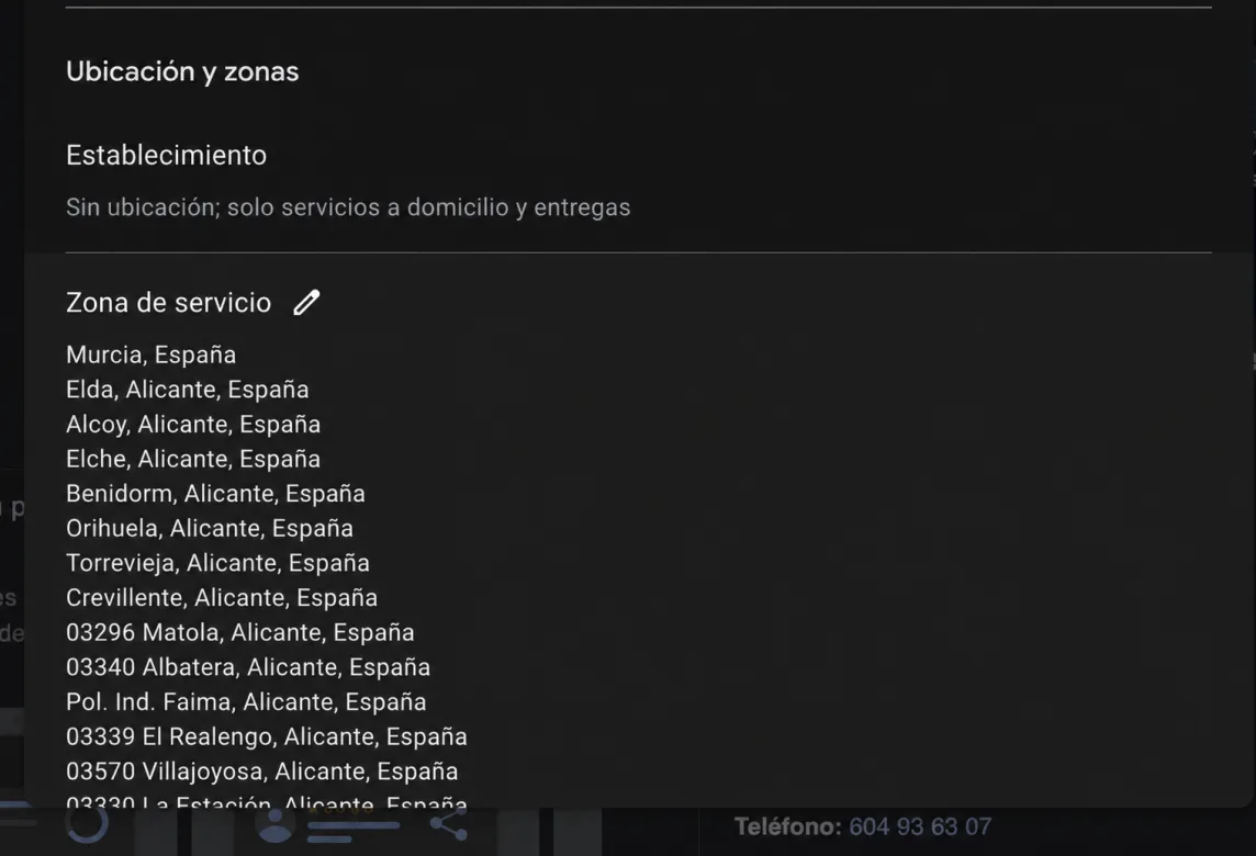 Editor real de un Perfil de Empresa configurado sin establecimiento y con varias zonas de servicio